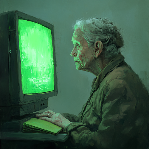 Elderly woman with green monitor reflection\n Elderly woman with green monitor reflection\n